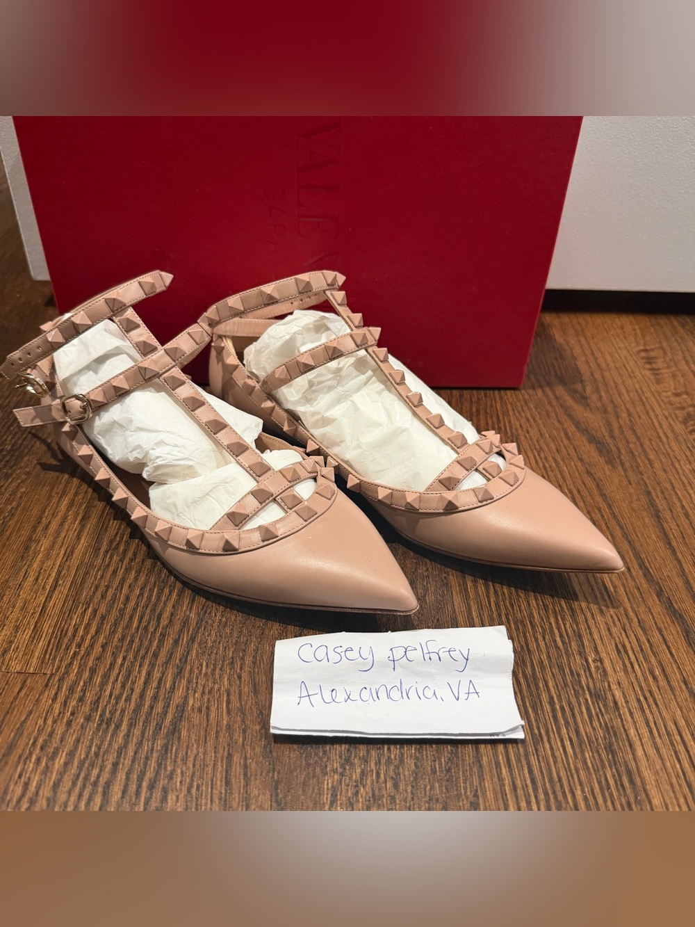 Valentino Rockstud Caged Nude Leather Pointed Toe Ballet Flats 37.5